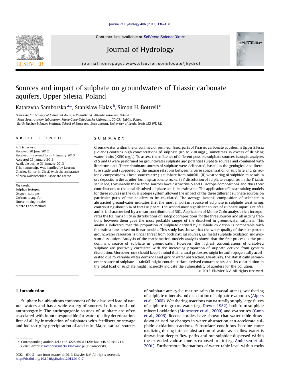 Sources and impact of sulphate on groundwaters of Triassic carbonate aquifers, Upper Silesia, Poland