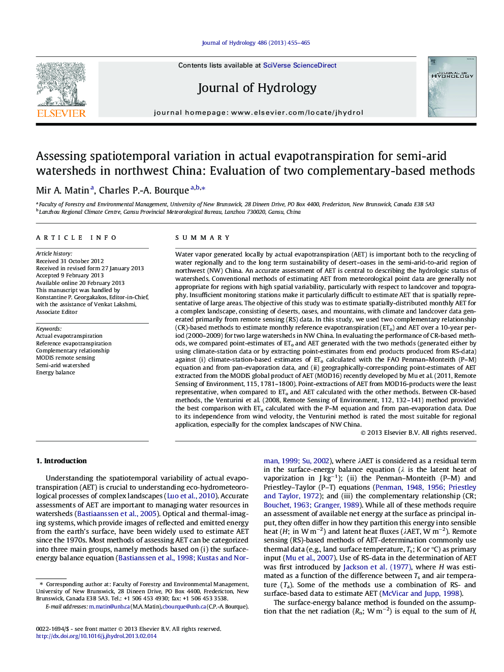Assessing spatiotemporal variation in actual evapotranspiration for semi-arid watersheds in northwest China: Evaluation of two complementary-based methods