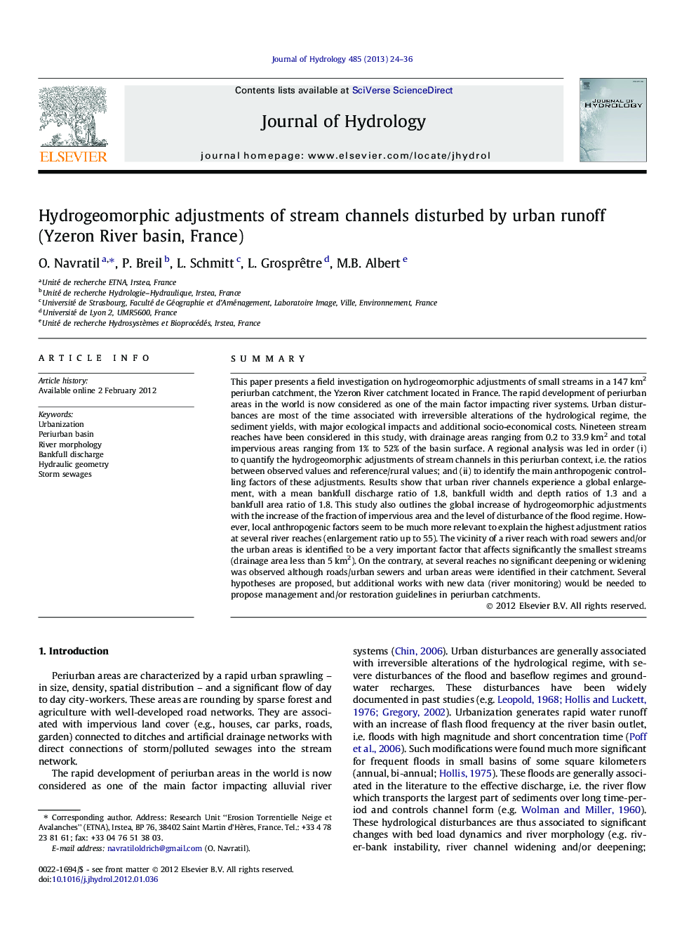 Hydrogeomorphic adjustments of stream channels disturbed by urban runoff (Yzeron River basin, France)