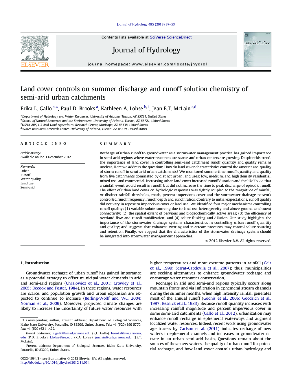 عکس صفحه اول مقاله: Land cover controls on summer discharge and runoff solution chemistry of semi-arid urban catchments Land cover controls on summer discharge and runoff solution chemistry of semi-arid urban catchments