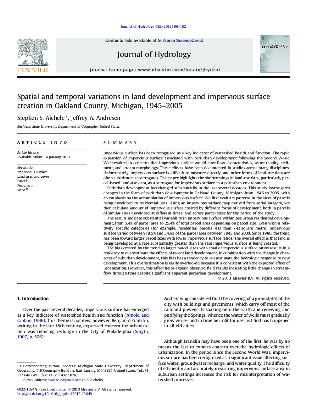 Spatial and temporal variations in land development and impervious surface creation in Oakland County, Michigan, 1945-2005