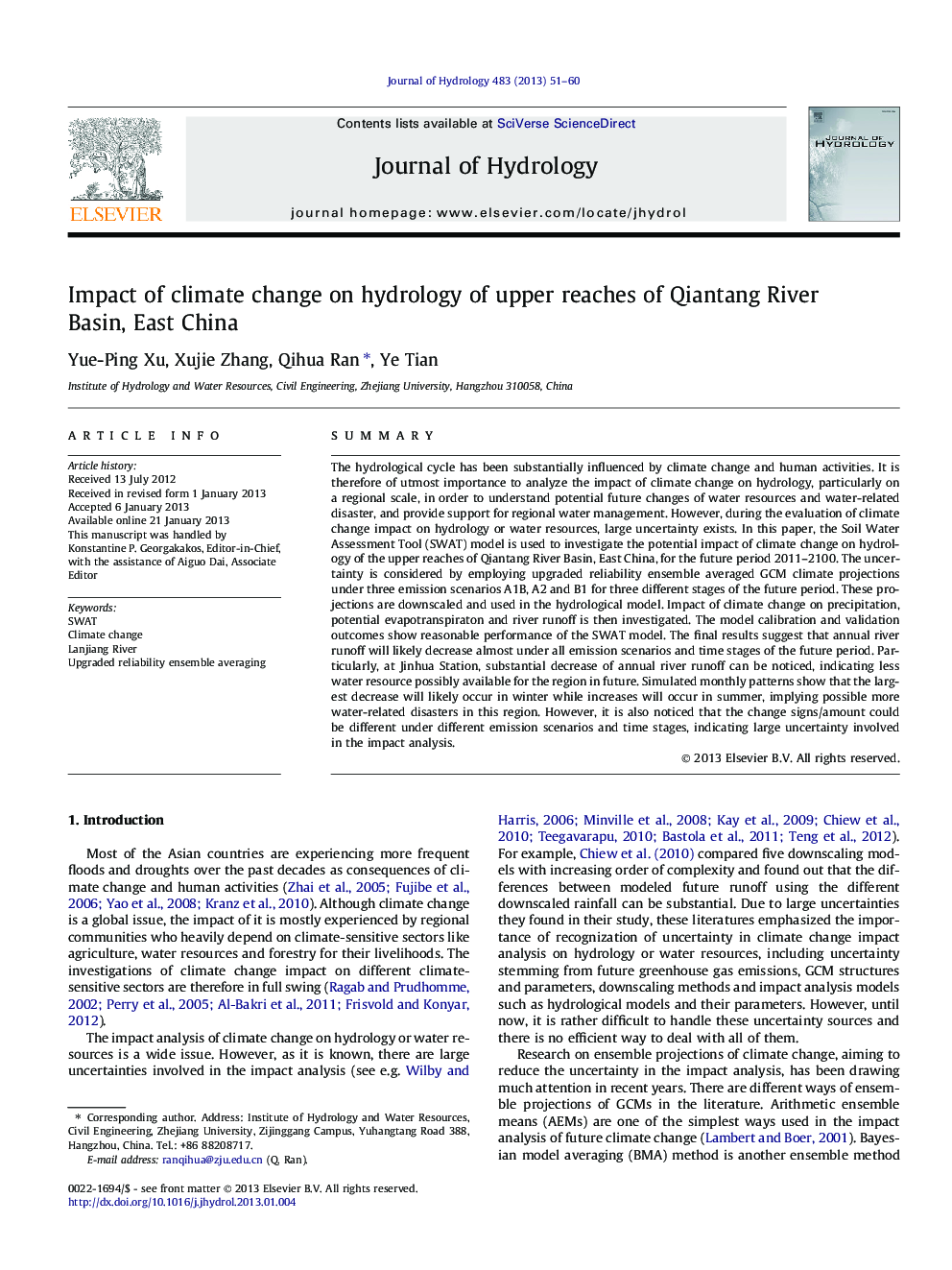 Impact of climate change on hydrology of upper reaches of Qiantang River Basin, East China