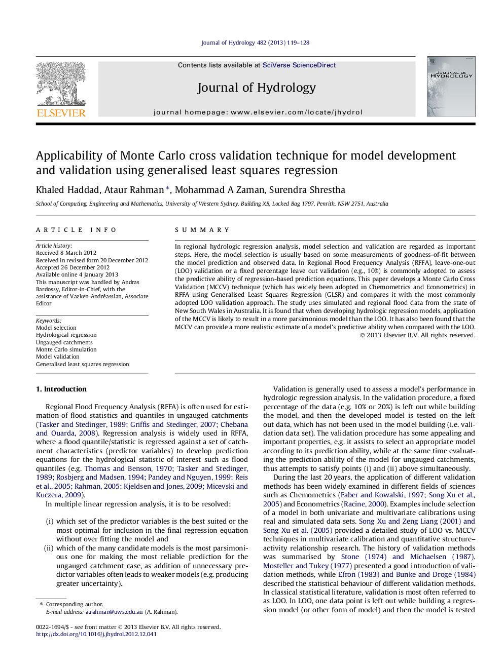 Applicability of Monte Carlo cross validation technique for model development and validation using generalised least squares regression