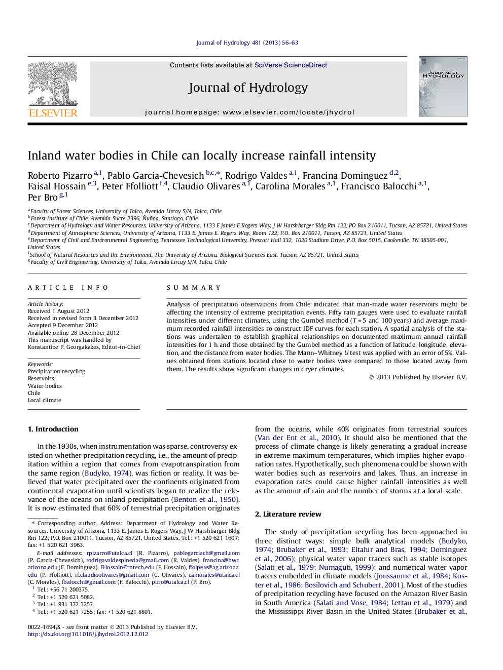 Inland water bodies in Chile can locally increase rainfall intensity