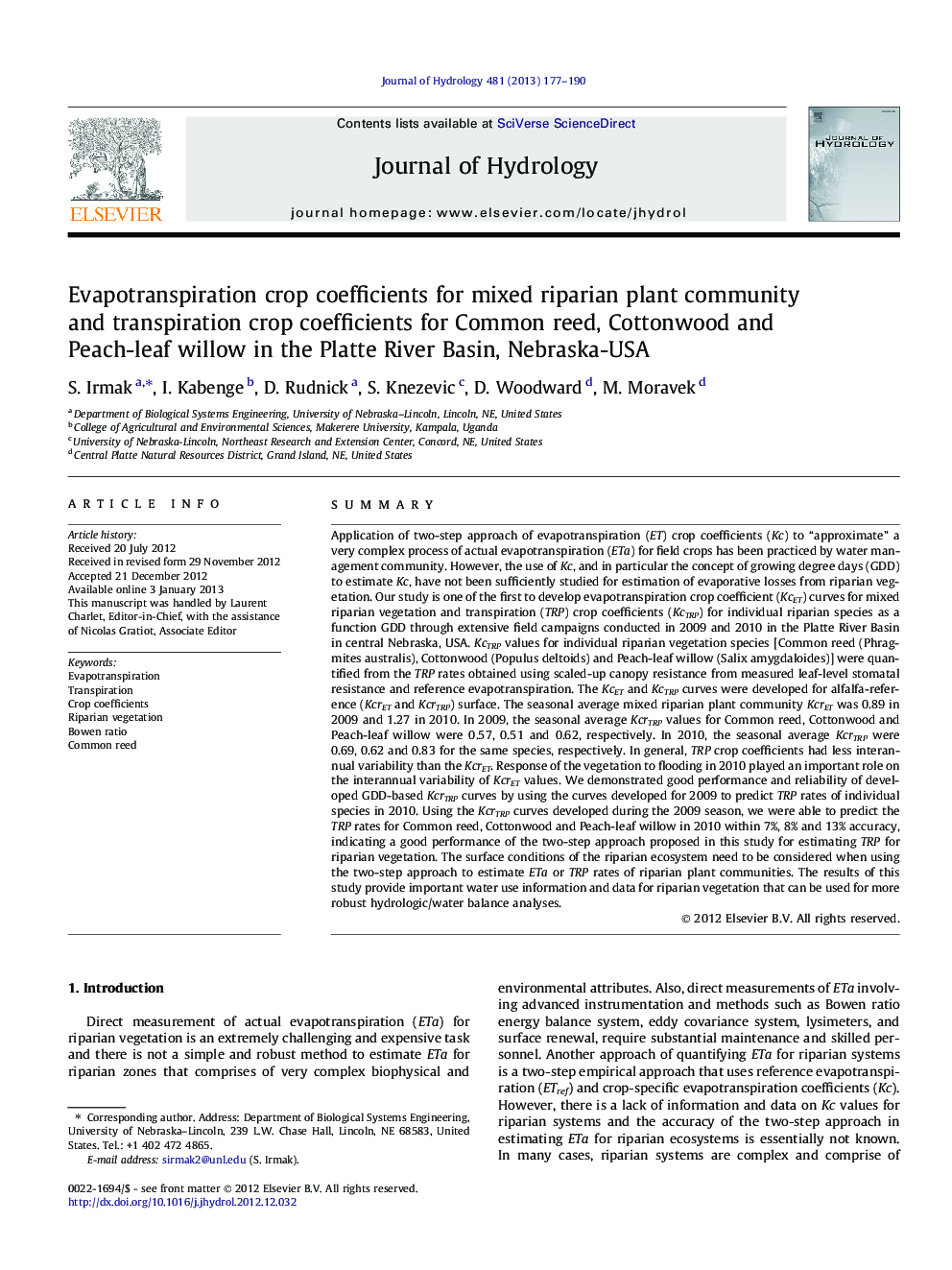 Evapotranspiration crop coefficients for mixed riparian plant community and transpiration crop coefficients for Common reed, Cottonwood and Peach-leaf willow in the Platte River Basin, Nebraska-USA