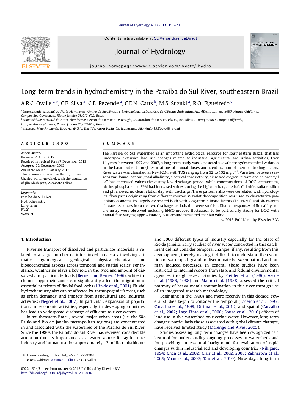 Long-term trends in hydrochemistry in the Paraíba do Sul River, southeastern Brazil