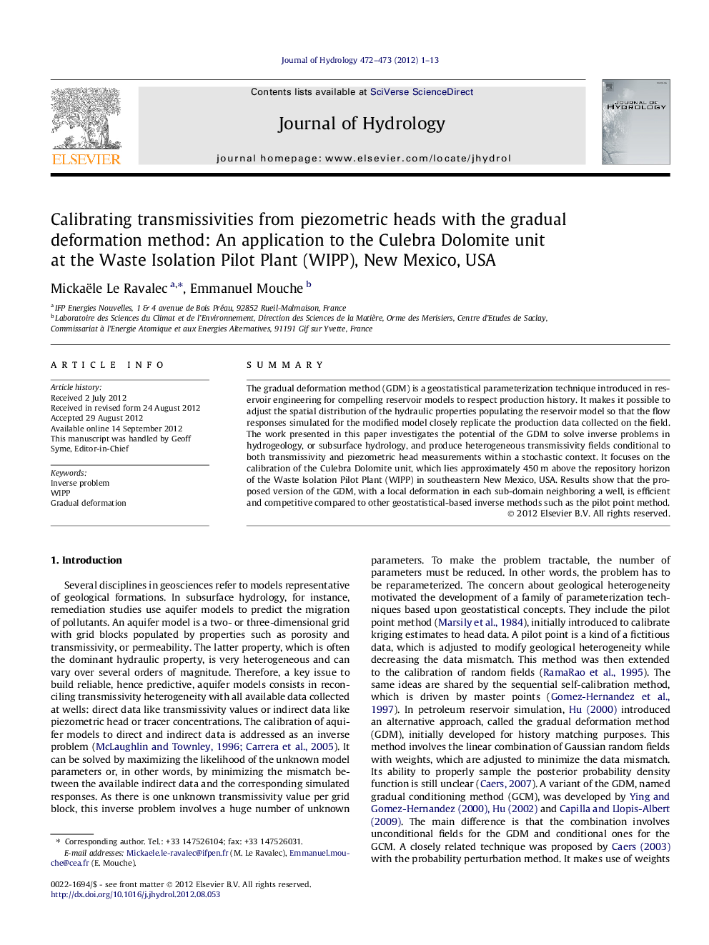 Calibrating transmissivities from piezometric heads with the gradual deformation method: An application to the Culebra Dolomite unit at the Waste Isolation Pilot Plant (WIPP), New Mexico, USA