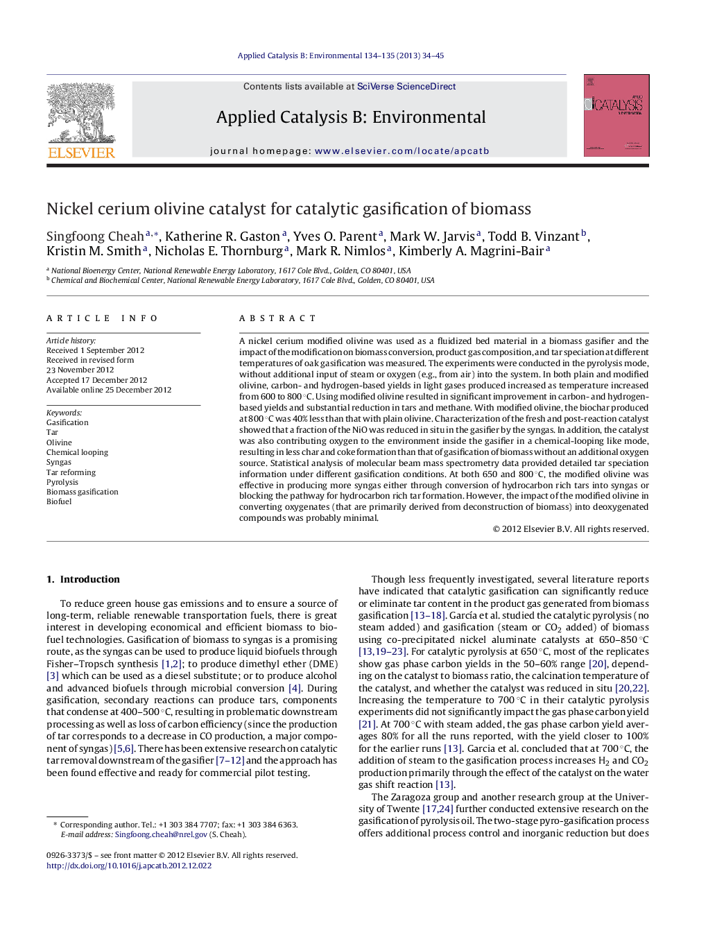 Nickel cerium olivine catalyst for catalytic gasification of biomass