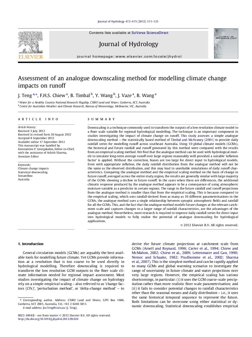 Assessment of an analogue downscaling method for modelling climate change impacts on runoff