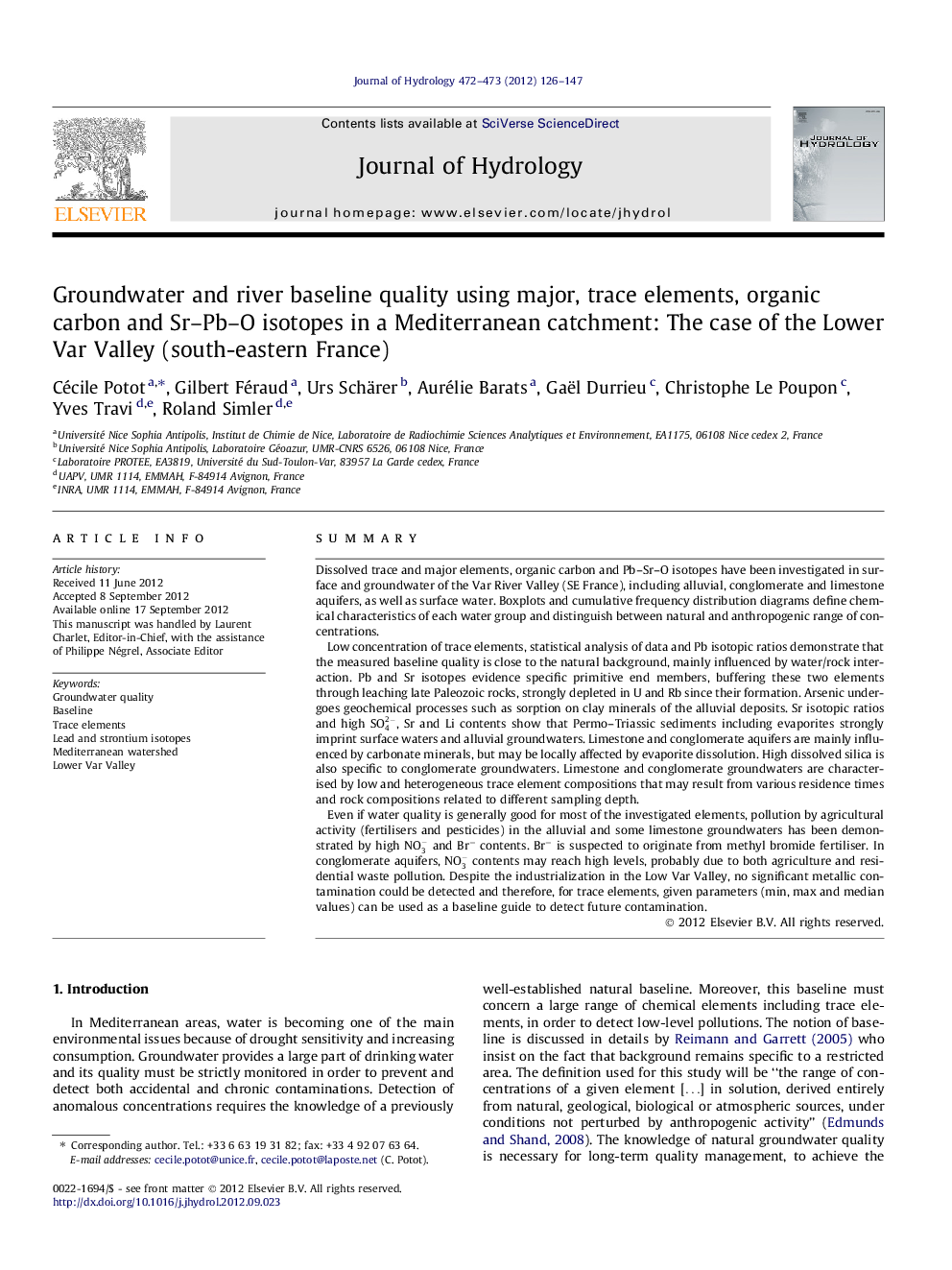 Groundwater and river baseline quality using major, trace elements, organic carbon and Sr–Pb–O isotopes in a Mediterranean catchment: The case of the Lower Var Valley (south-eastern France)