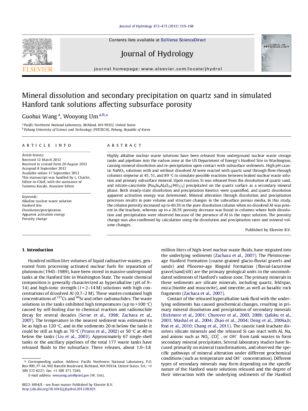 Mineral dissolution and secondary precipitation on quartz sand in simulated Hanford tank solutions affecting subsurface porosity