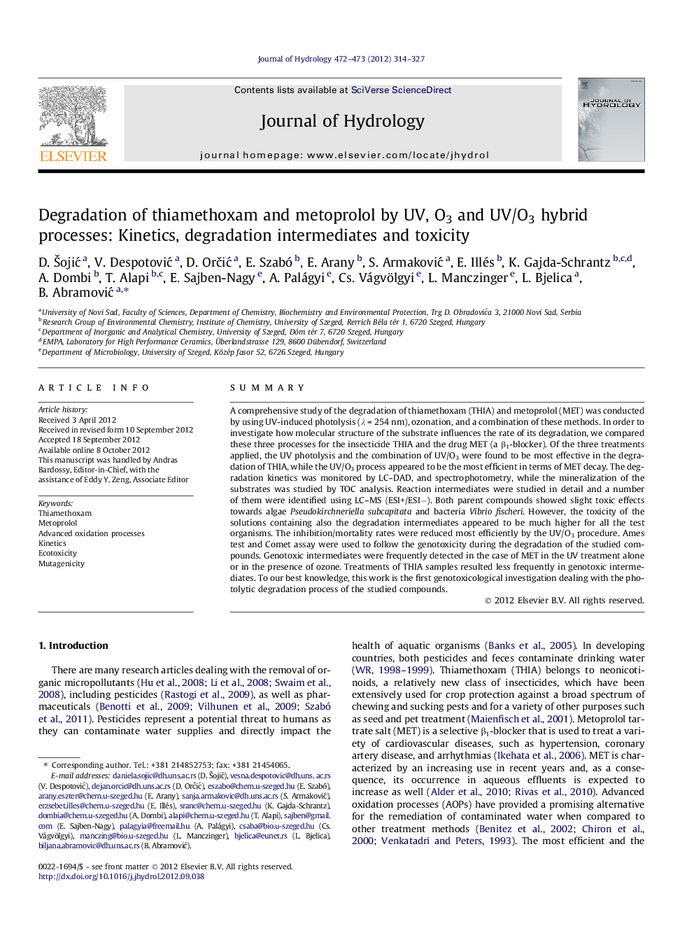 Degradation of thiamethoxam and metoprolol by UV, O3 and UV/O3 hybrid processes: Kinetics, degradation intermediates and toxicity