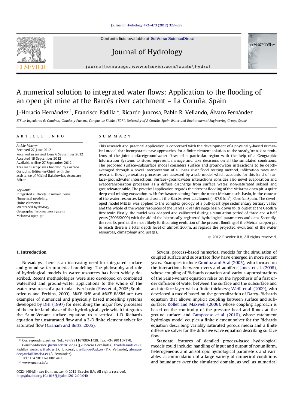 A numerical solution to integrated water flows: Application to the flooding of an open pit mine at the Barcés river catchment – La Coruña, Spain