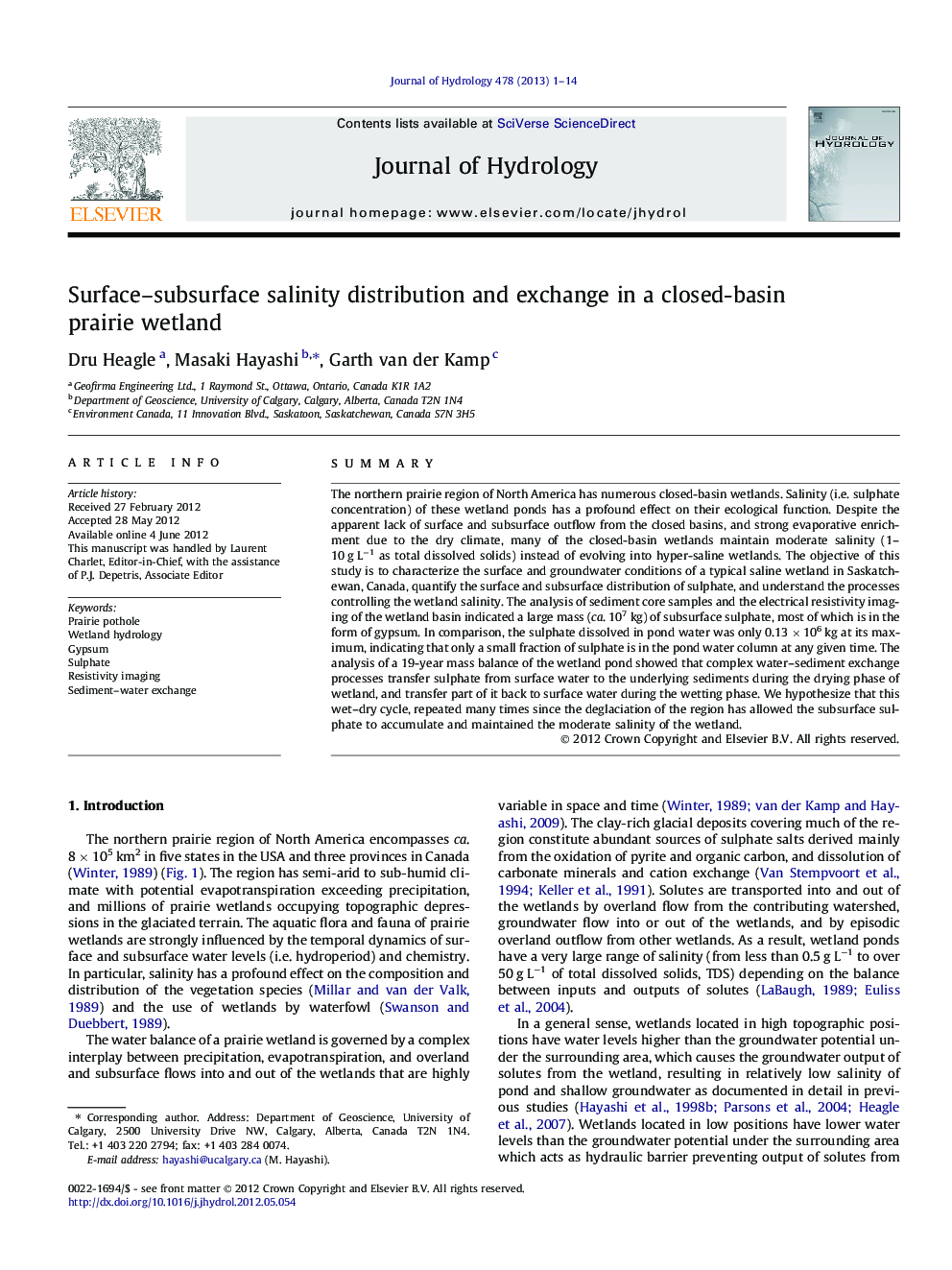 Surface–subsurface salinity distribution and exchange in a closed-basin prairie wetland