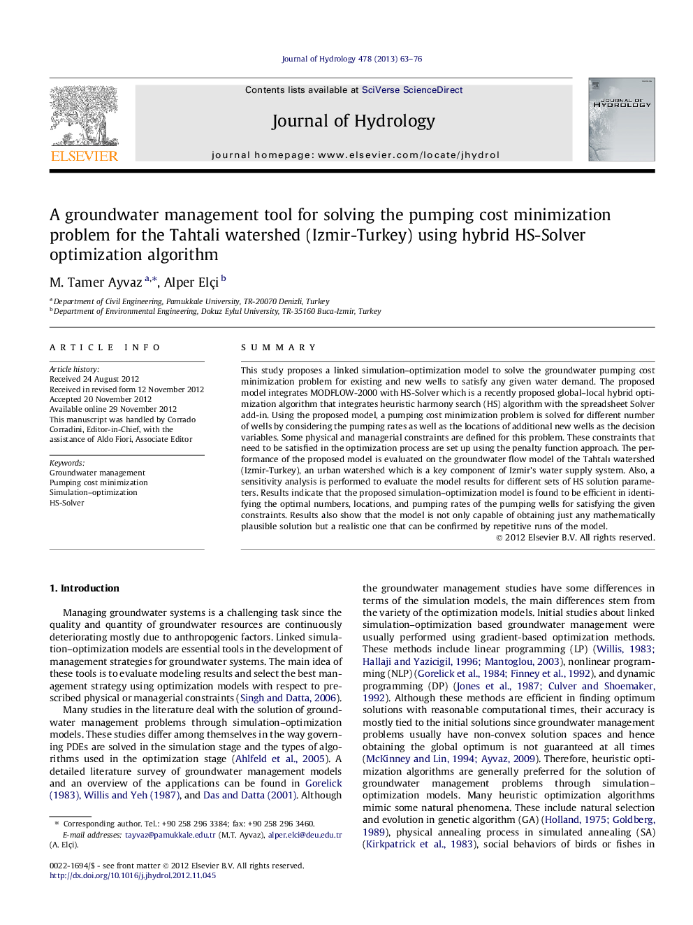 A groundwater management tool for solving the pumping cost minimization problem for the Tahtali watershed (Izmir-Turkey) using hybrid HS-Solver optimization algorithm