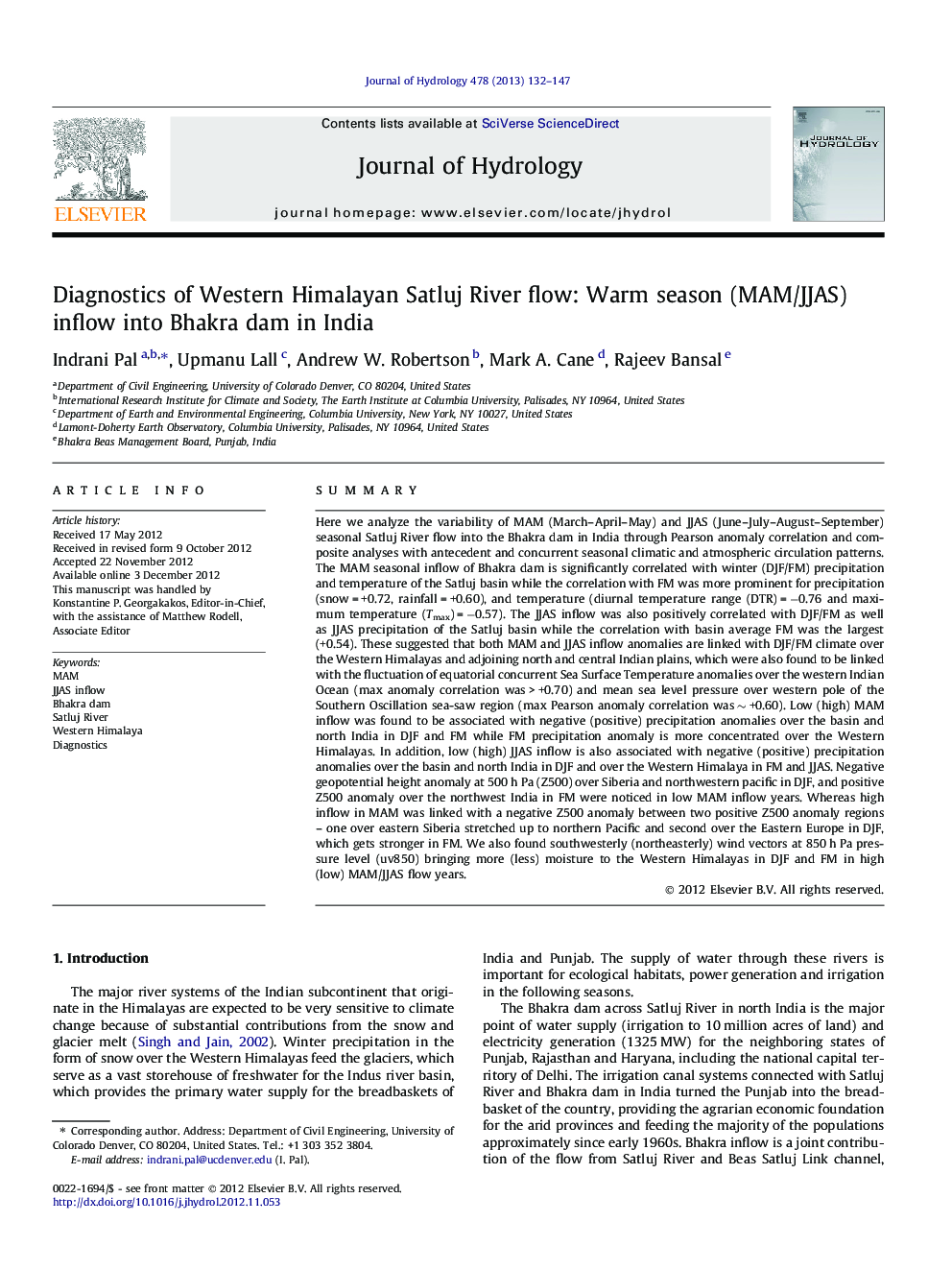 Diagnostics of Western Himalayan Satluj River flow: Warm season (MAM/JJAS) inflow into Bhakra dam in India