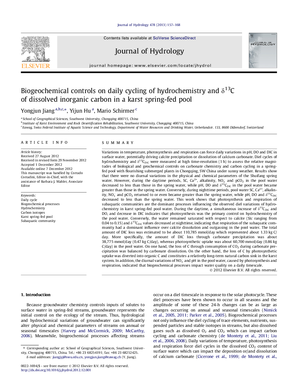 Biogeochemical controls on daily cycling of hydrochemistry and δ13C of dissolved inorganic carbon in a karst spring-fed pool