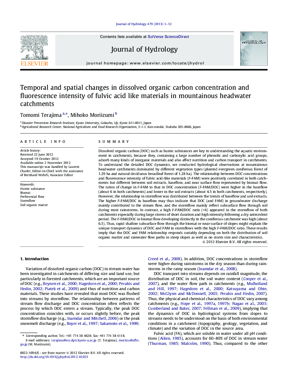 Temporal and spatial changes in dissolved organic carbon concentration and fluorescence intensity of fulvic acid like materials in mountainous headwater catchments