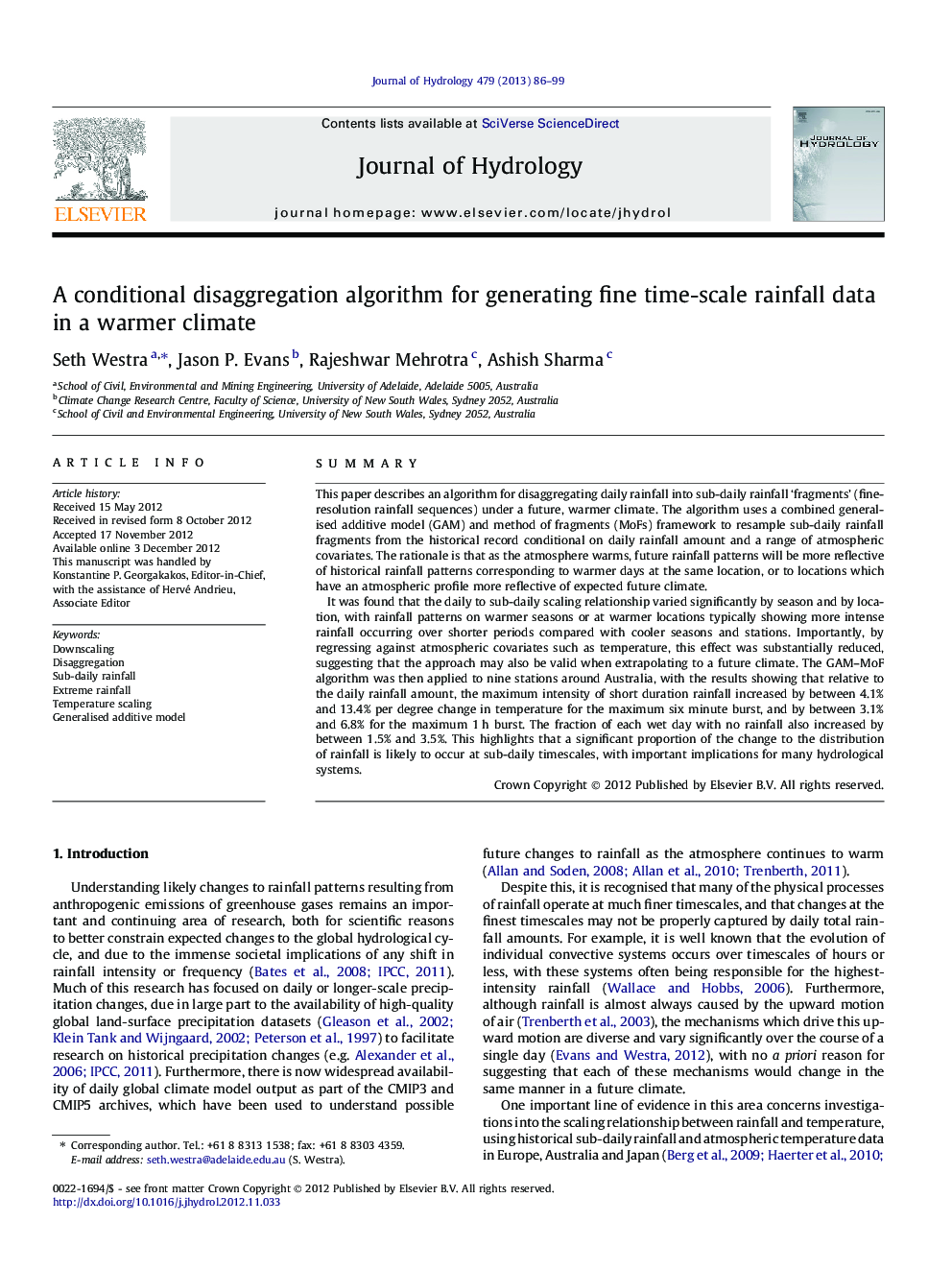 A conditional disaggregation algorithm for generating fine time-scale rainfall data in a warmer climate