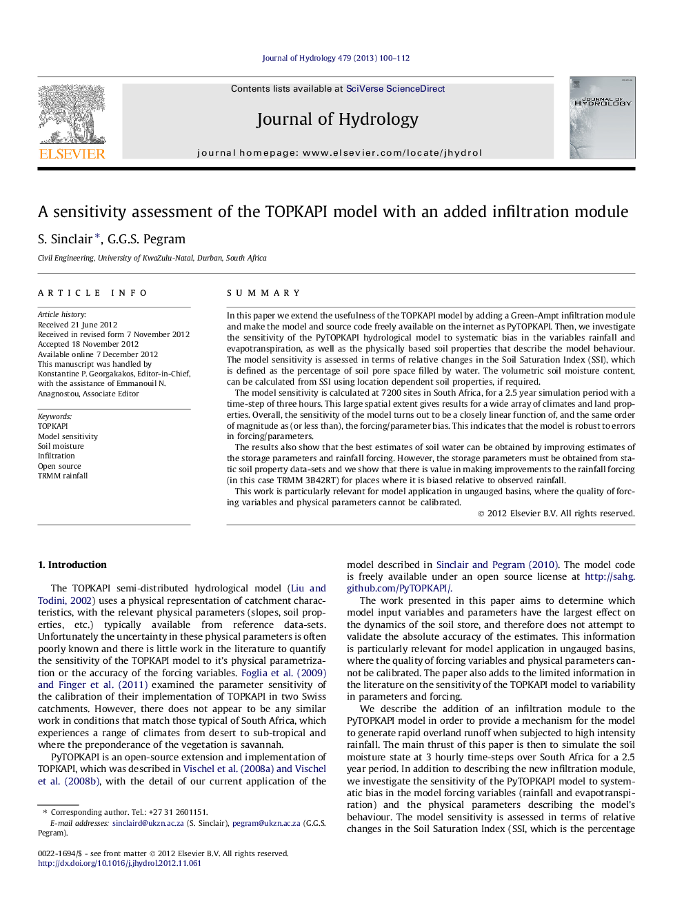 A sensitivity assessment of the TOPKAPI model with an added infiltration module