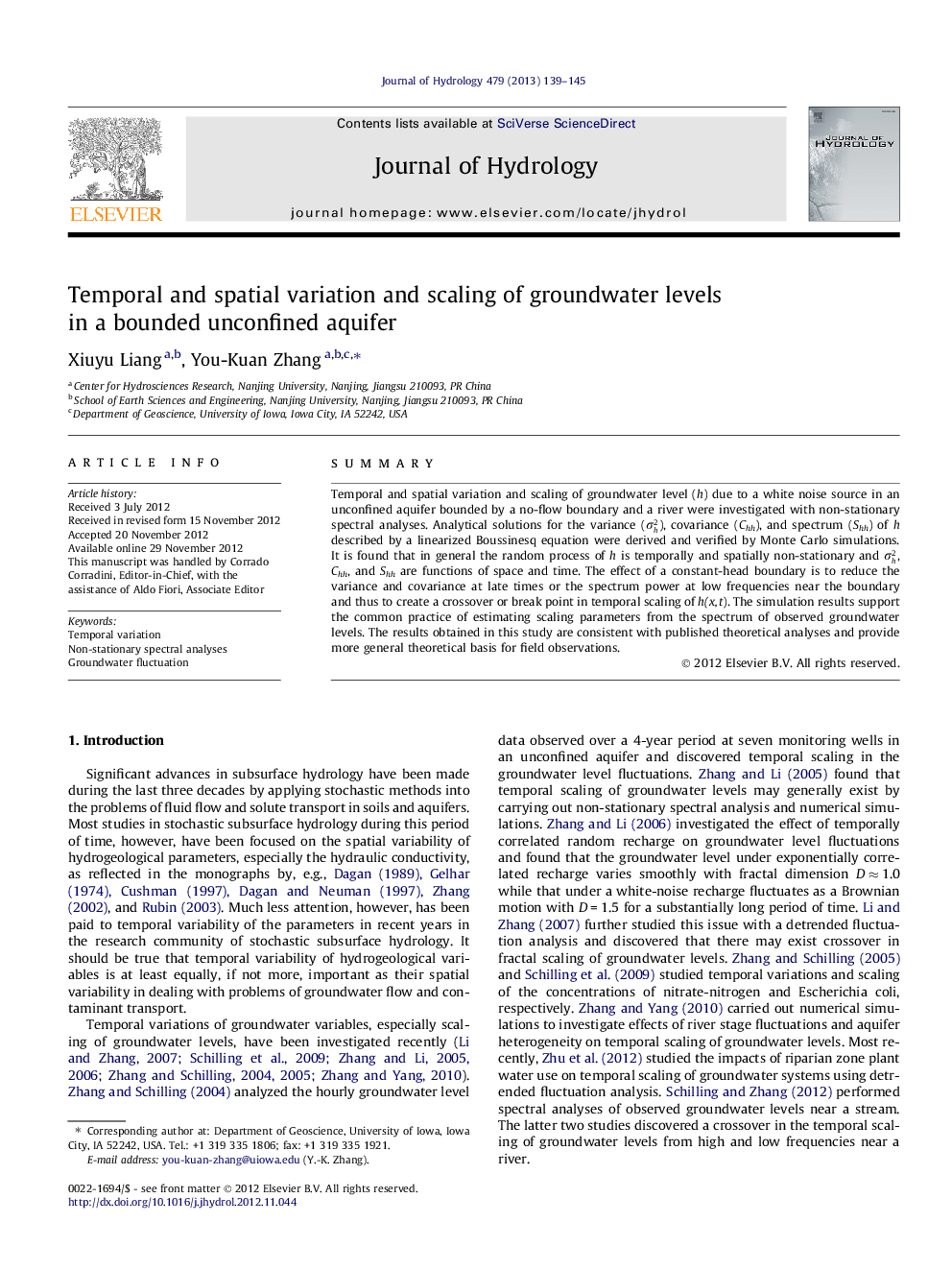 Temporal and spatial variation and scaling of groundwater levels in a bounded unconfined aquifer