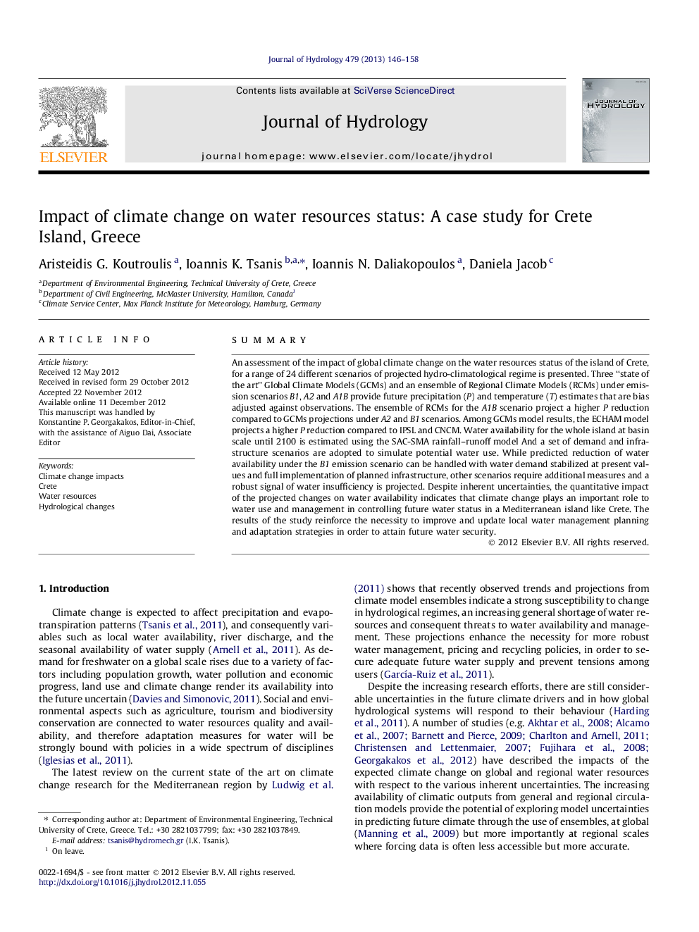 Impact of climate change on water resources status: A case study for Crete Island, Greece