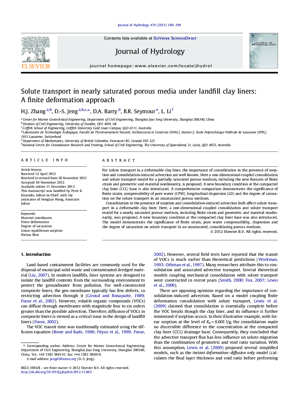 Solute transport in nearly saturated porous media under landfill clay liners: A finite deformation approach