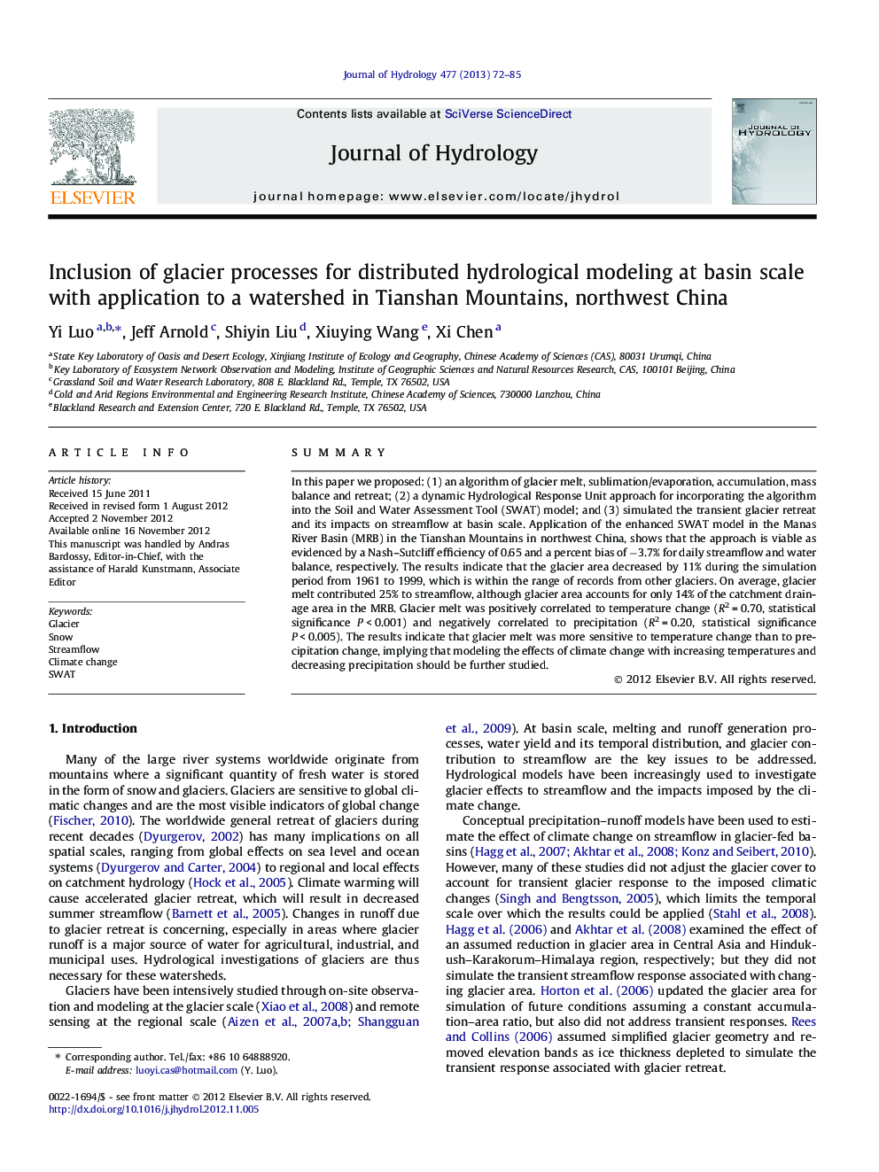 Inclusion of glacier processes for distributed hydrological modeling at basin scale with application to a watershed in Tianshan Mountains, northwest China