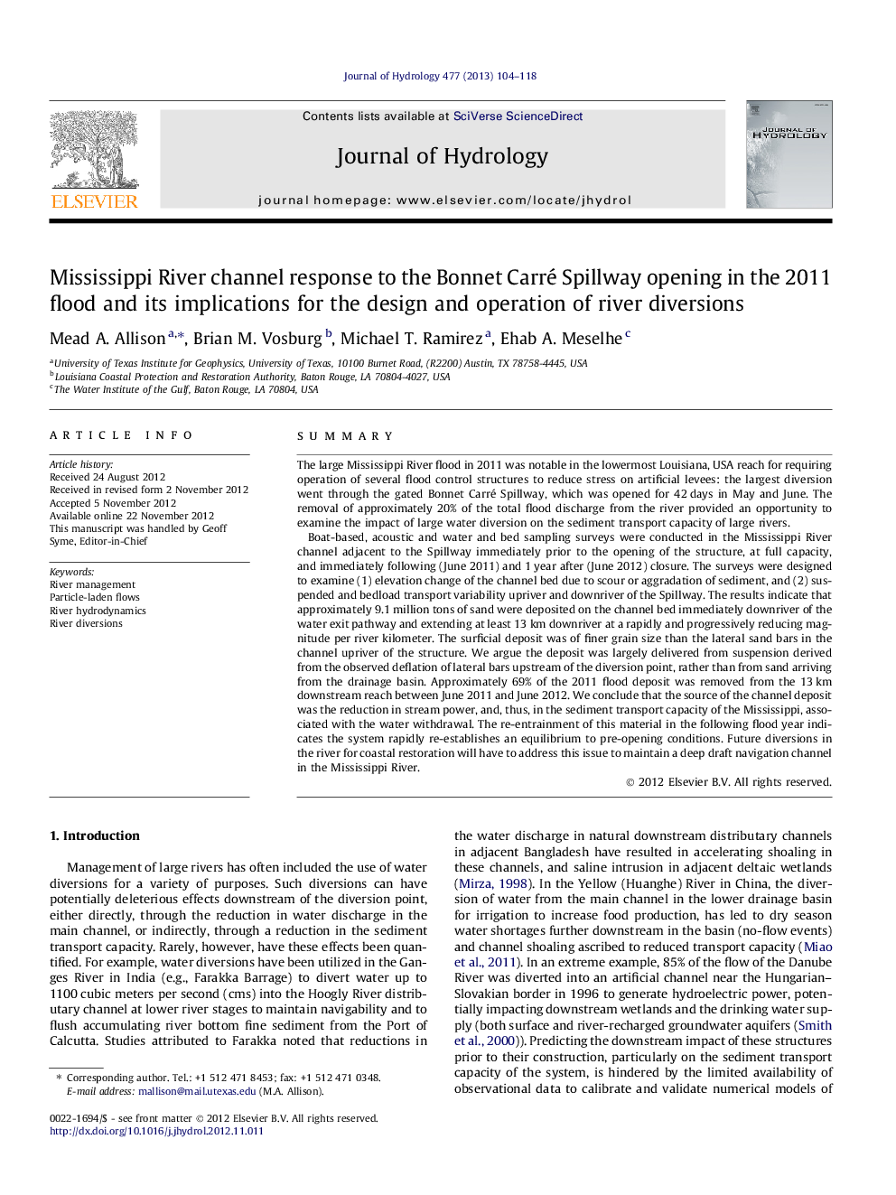 Mississippi River channel response to the Bonnet Carré Spillway opening in the 2011 flood and its implications for the design and operation of river diversions