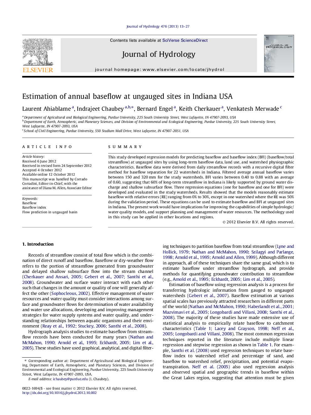 Estimation of annual baseflow at ungauged sites in Indiana USA