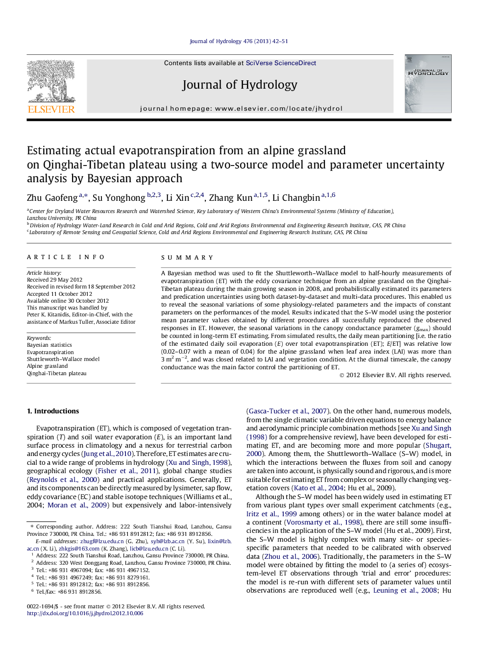 Estimating actual evapotranspiration from an alpine grassland on Qinghai-Tibetan plateau using a two-source model and parameter uncertainty analysis by Bayesian approach