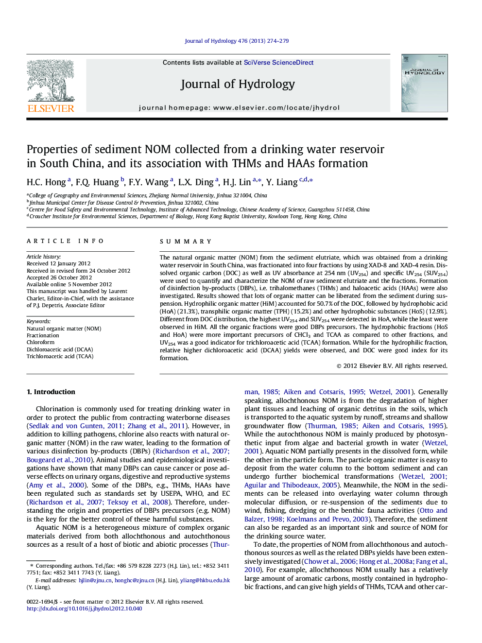 Properties of sediment NOM collected from a drinking water reservoir in South China, and its association with THMs and HAAs formation