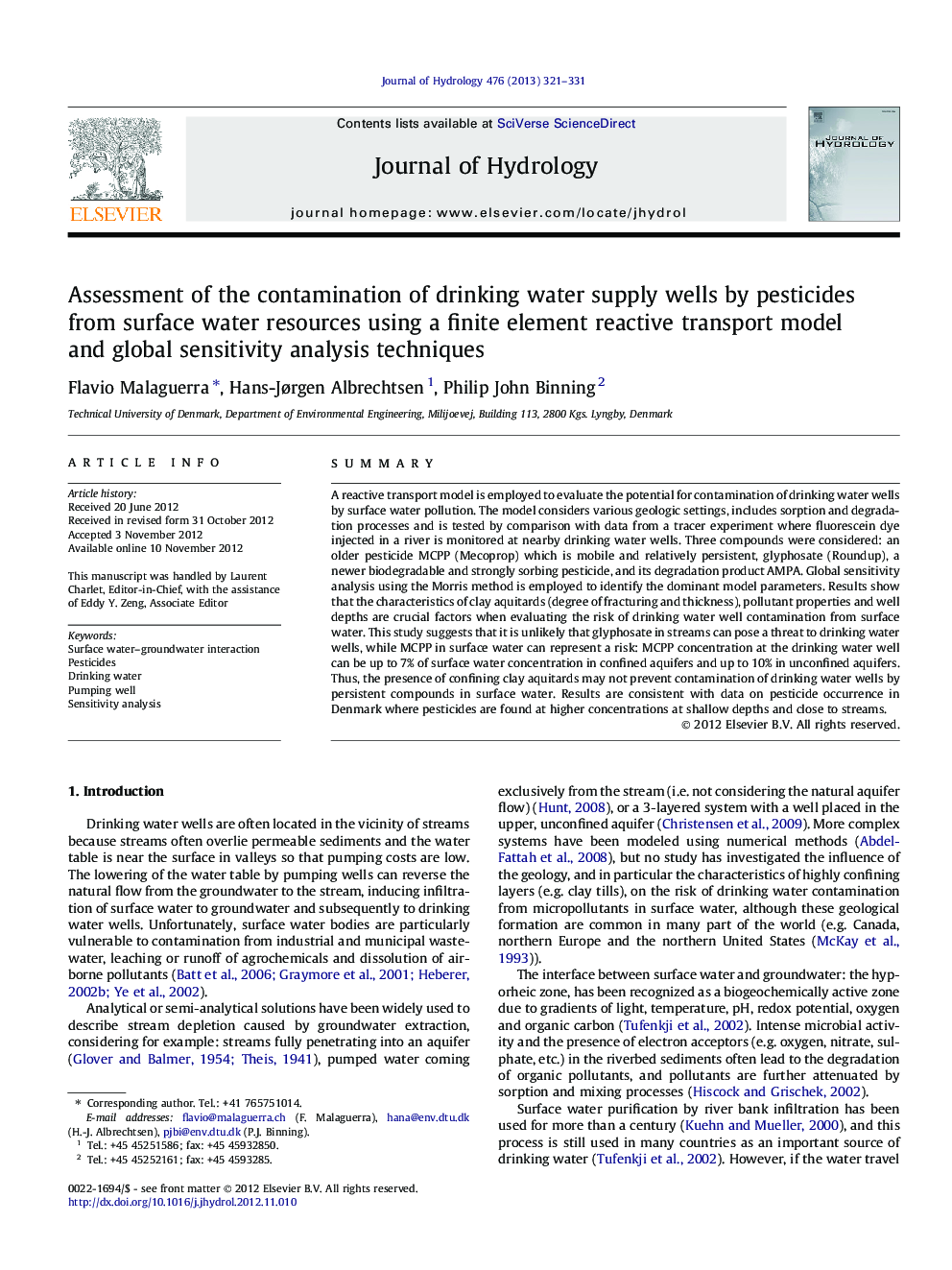 Assessment of the contamination of drinking water supply wells by pesticides from surface water resources using a finite element reactive transport model and global sensitivity analysis techniques