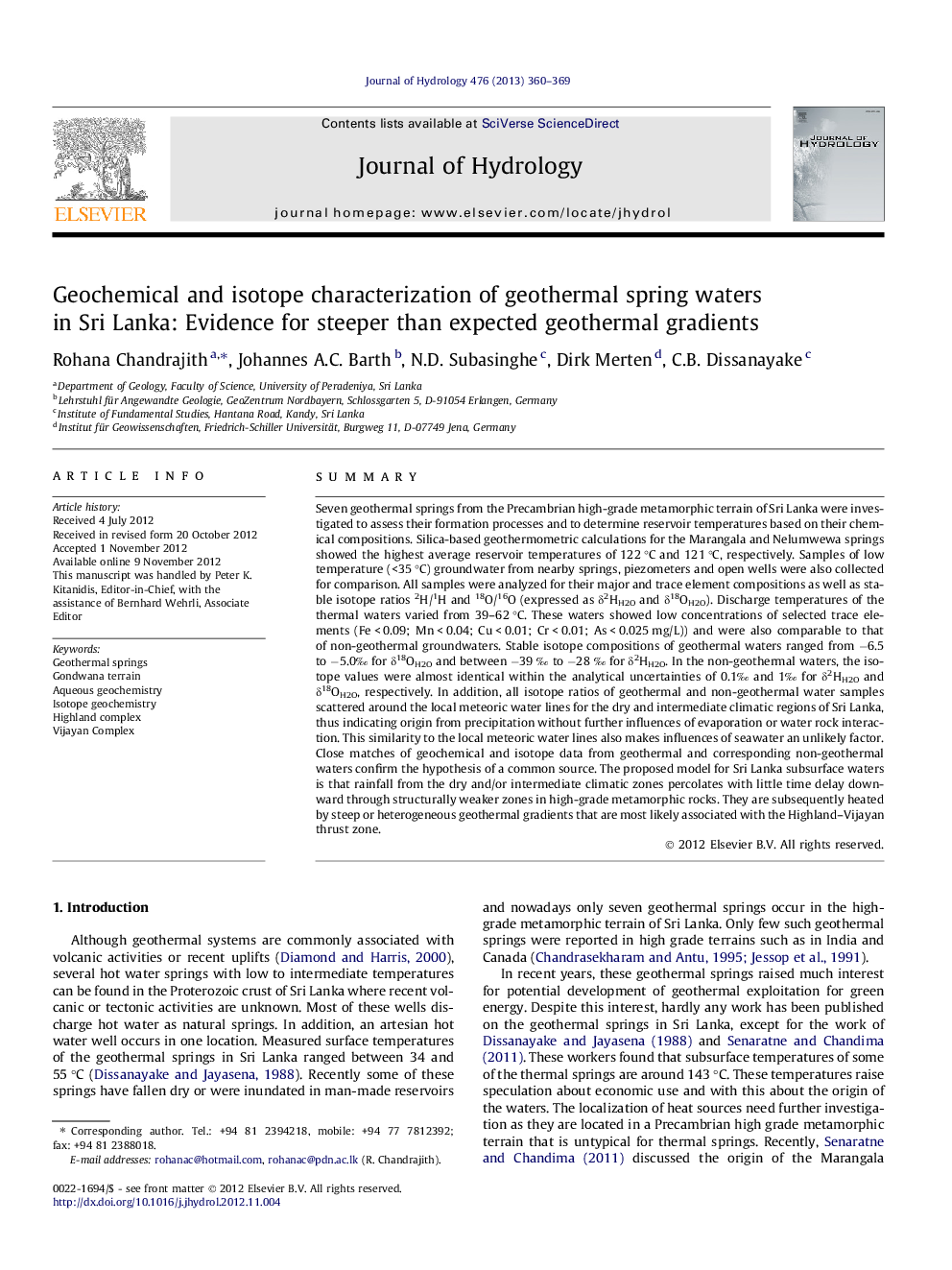 Geochemical and isotope characterization of geothermal spring waters in Sri Lanka: Evidence for steeper than expected geothermal gradients