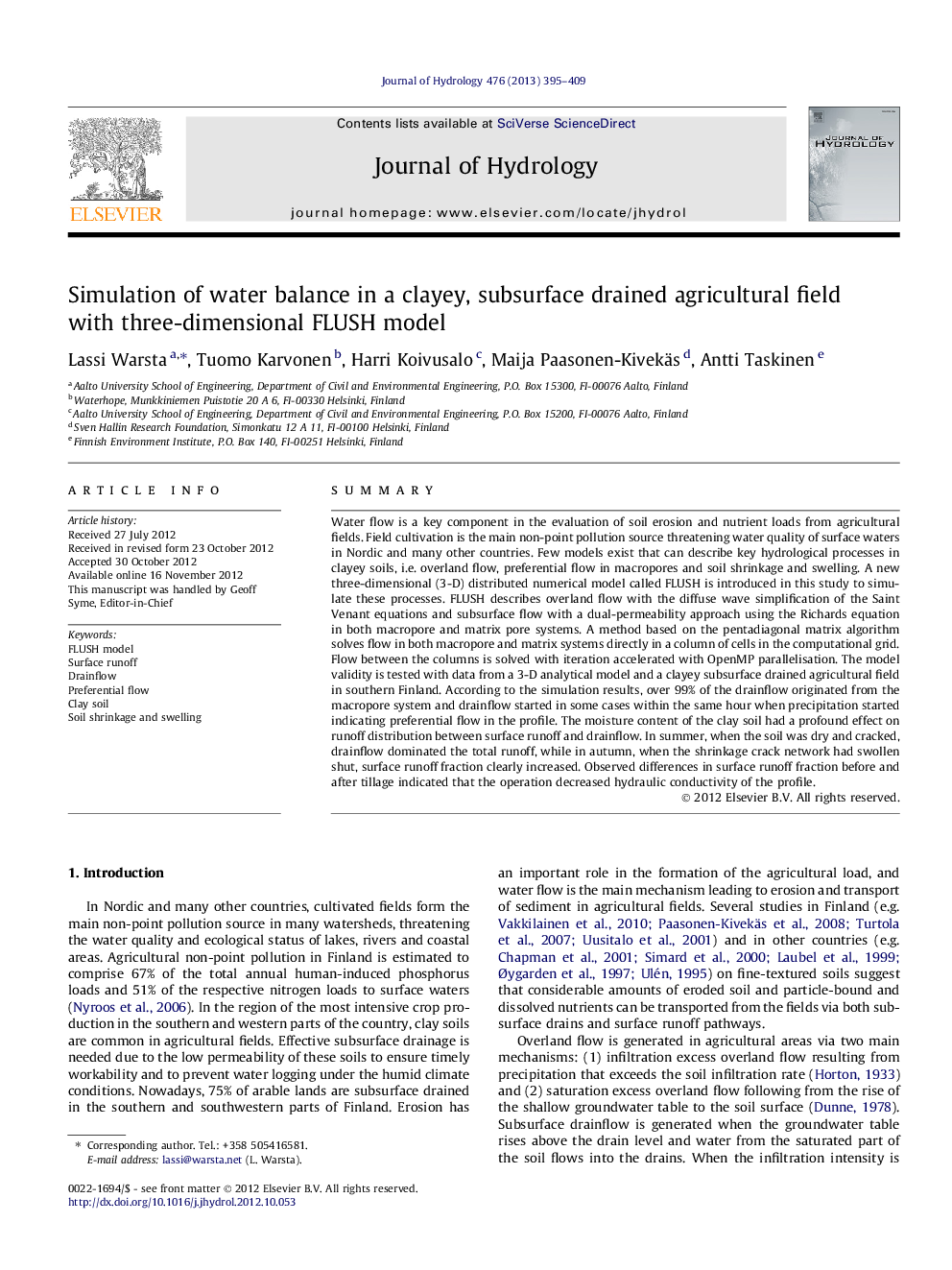 Simulation of water balance in a clayey, subsurface drained agricultural field with three-dimensional FLUSH model