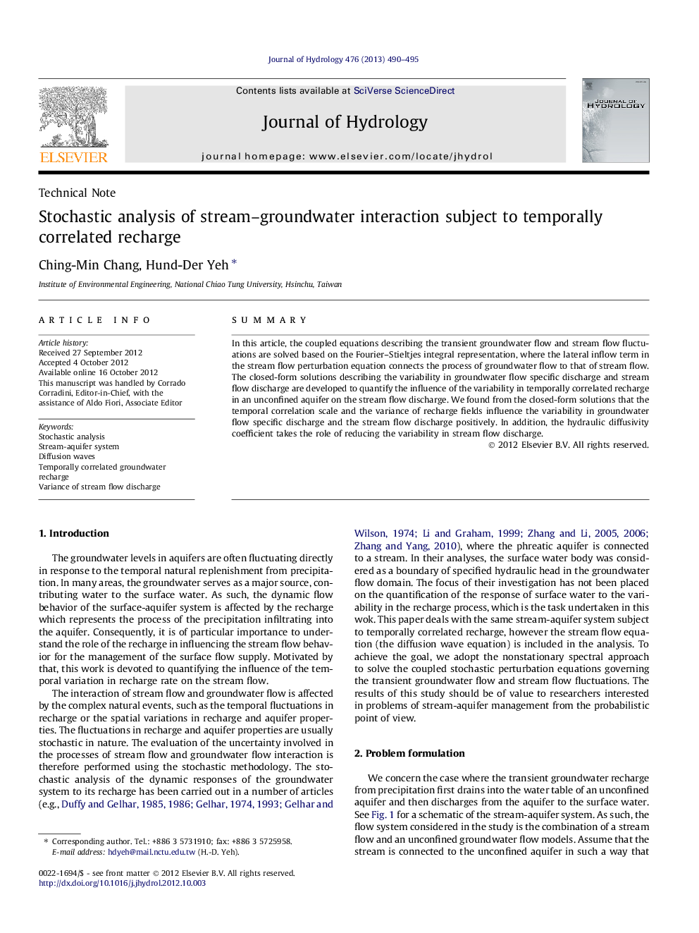 Stochastic analysis of stream–groundwater interaction subject to temporally correlated recharge