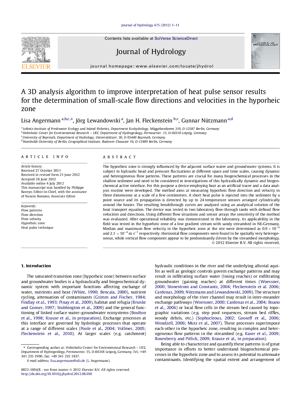 A 3D analysis algorithm to improve interpretation of heat pulse sensor results for the determination of small-scale flow directions and velocities in the hyporheic zone