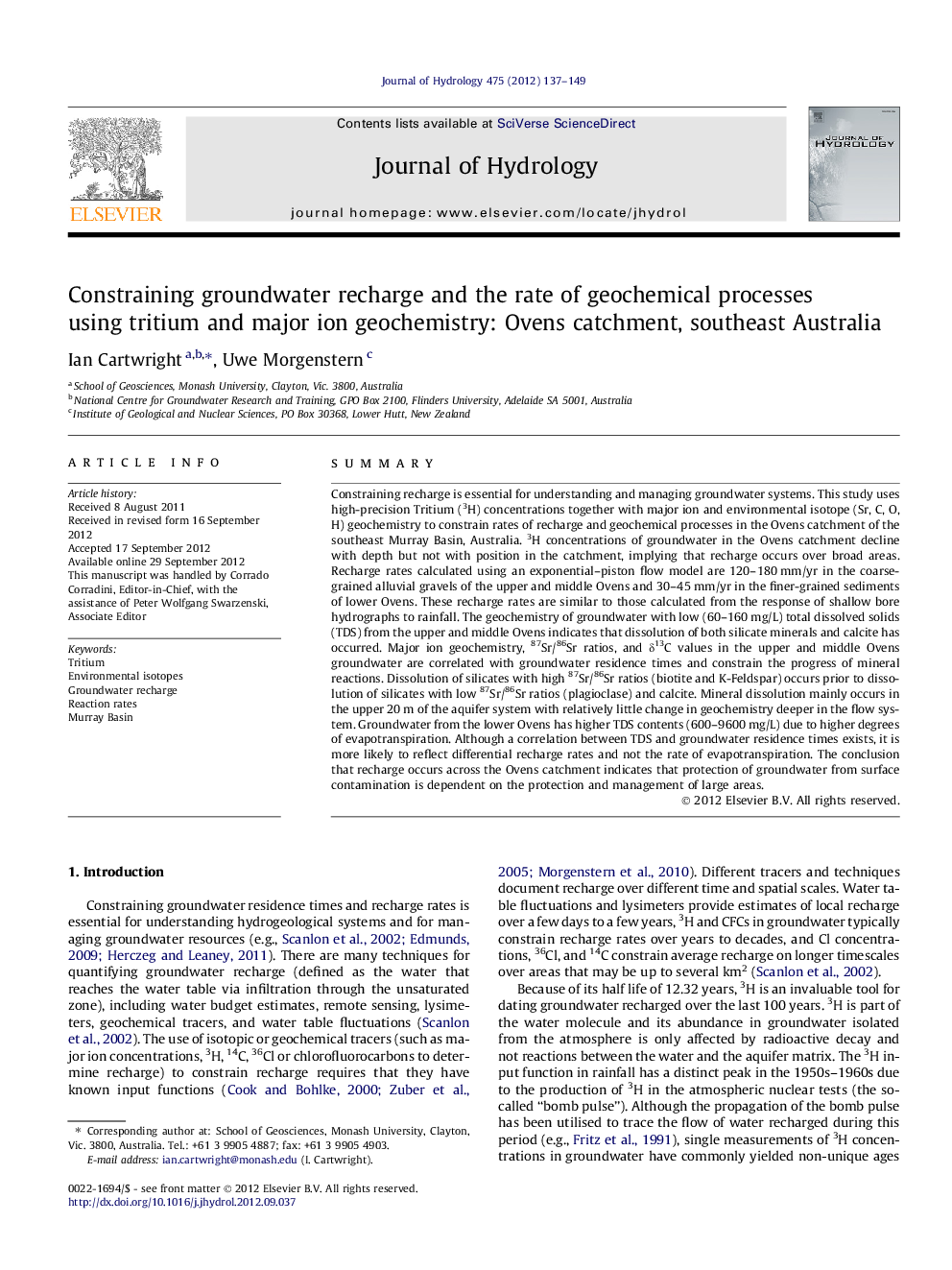 Constraining groundwater recharge and the rate of geochemical processes using tritium and major ion geochemistry: Ovens catchment, southeast Australia