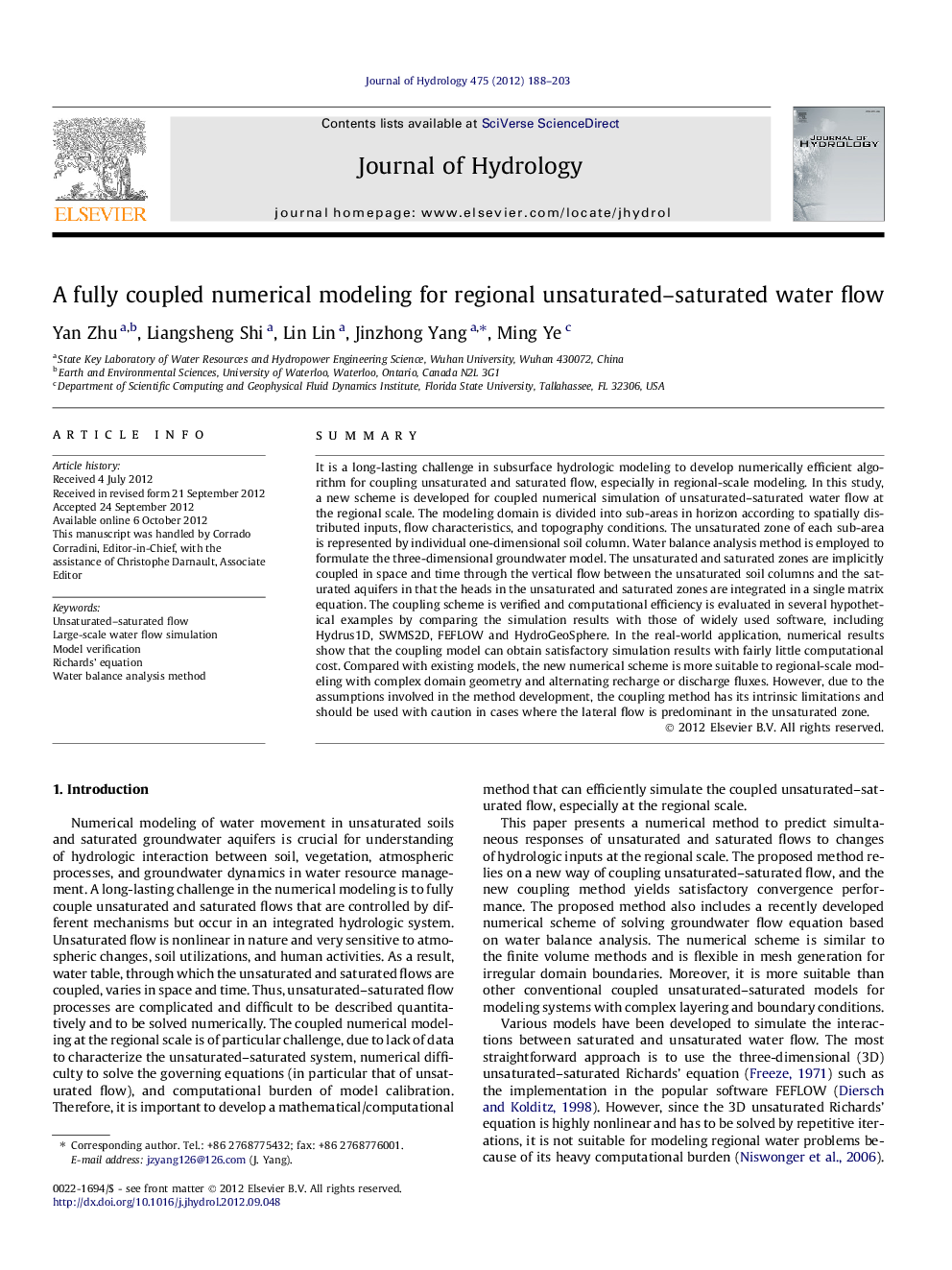 A fully coupled numerical modeling for regional unsaturated–saturated water flow