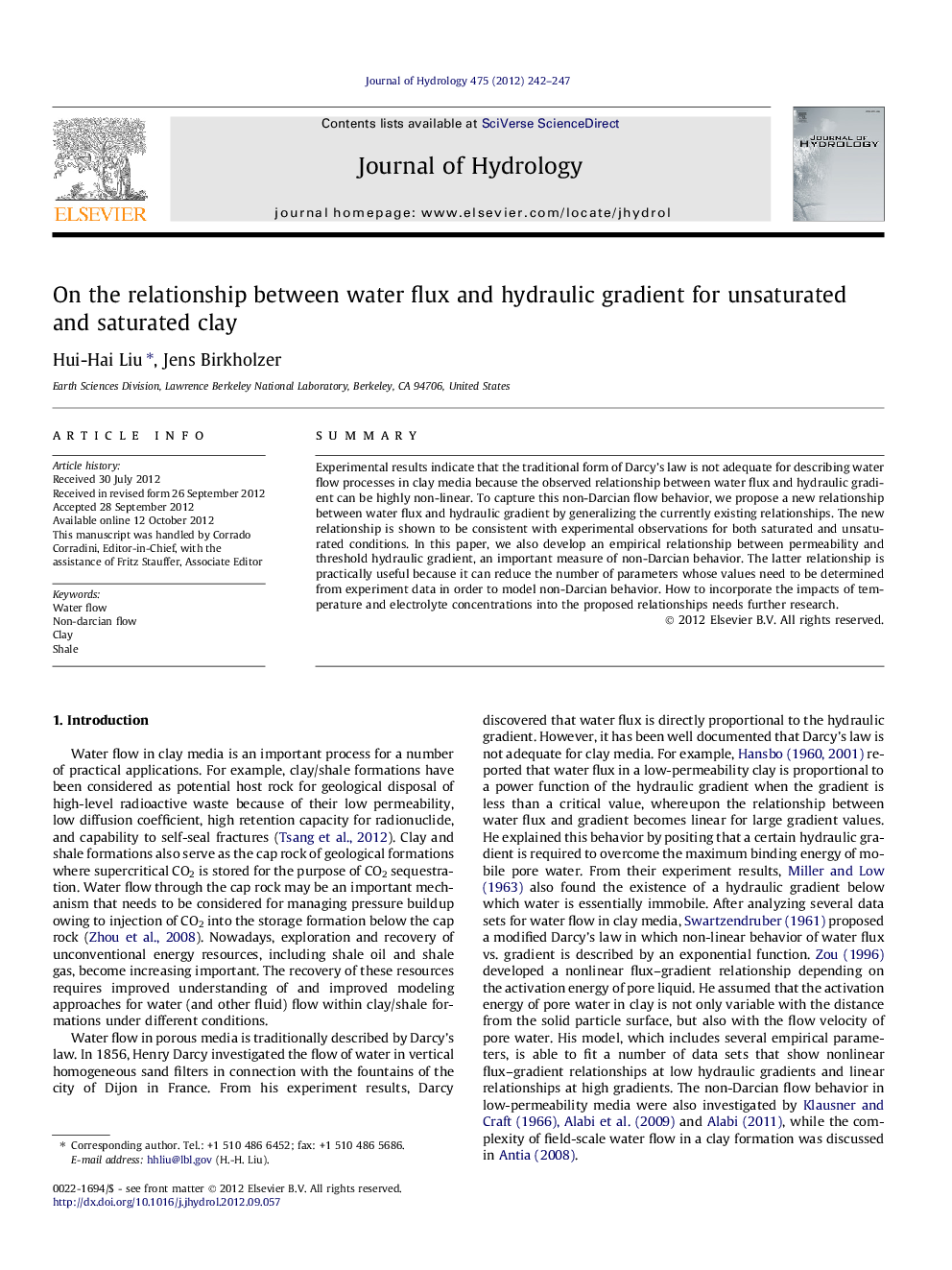 On the relationship between water flux and hydraulic gradient for unsaturated and saturated clay