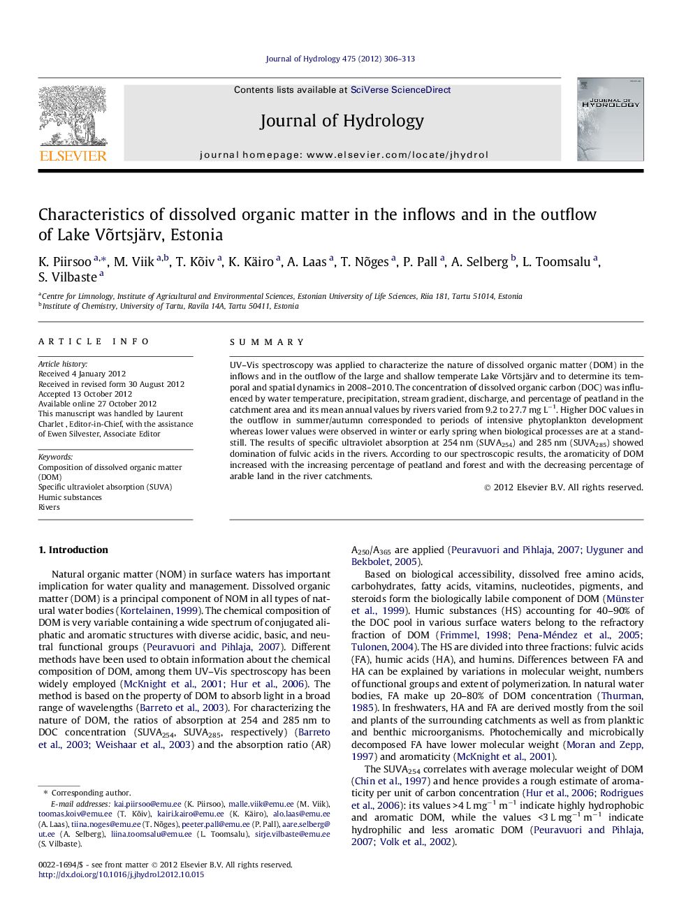 Characteristics of dissolved organic matter in the inflows and in the outflow of Lake Võrtsjärv, Estonia