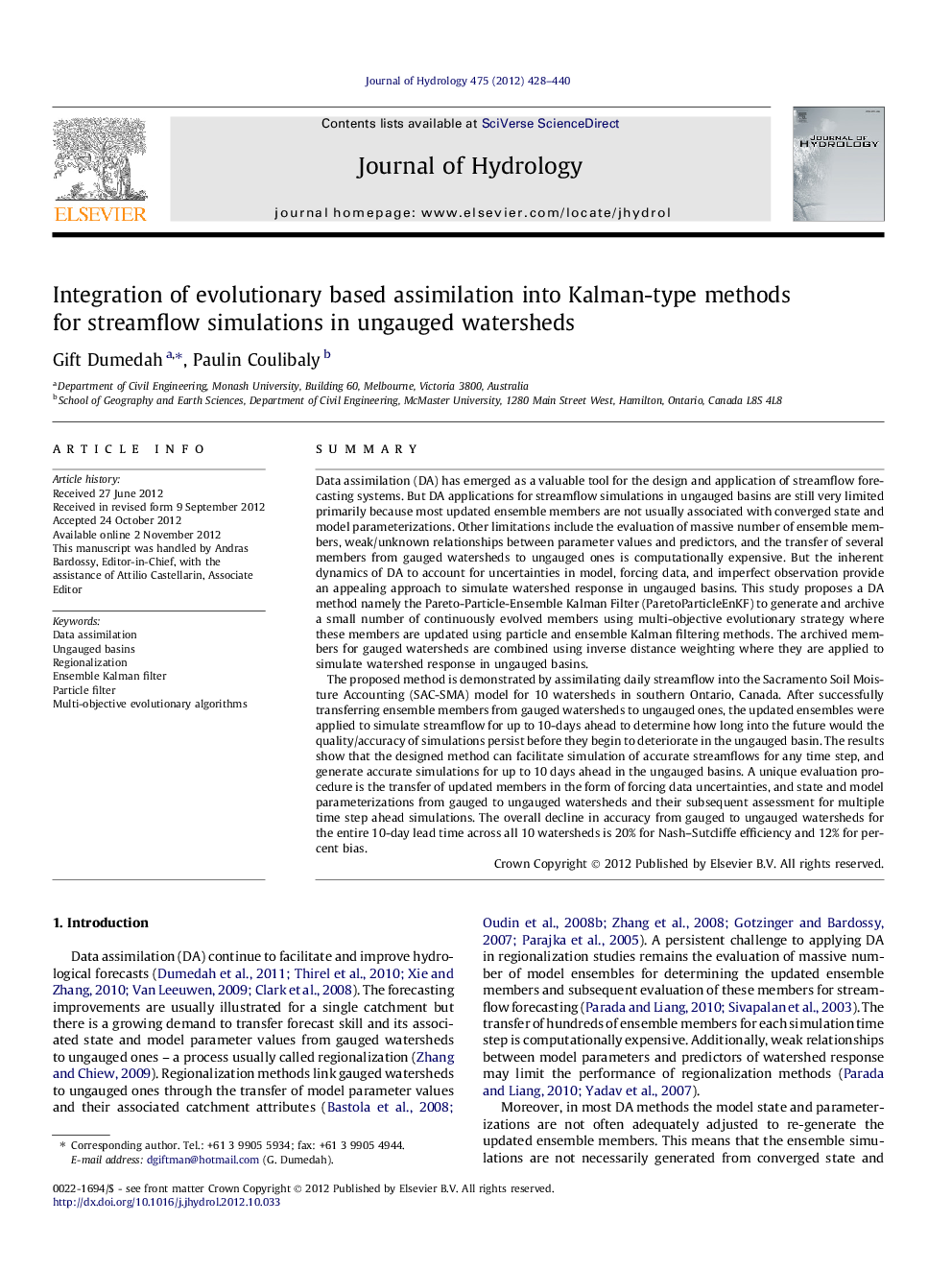 Integration of evolutionary based assimilation into Kalman-type methods for streamflow simulations in ungauged watersheds