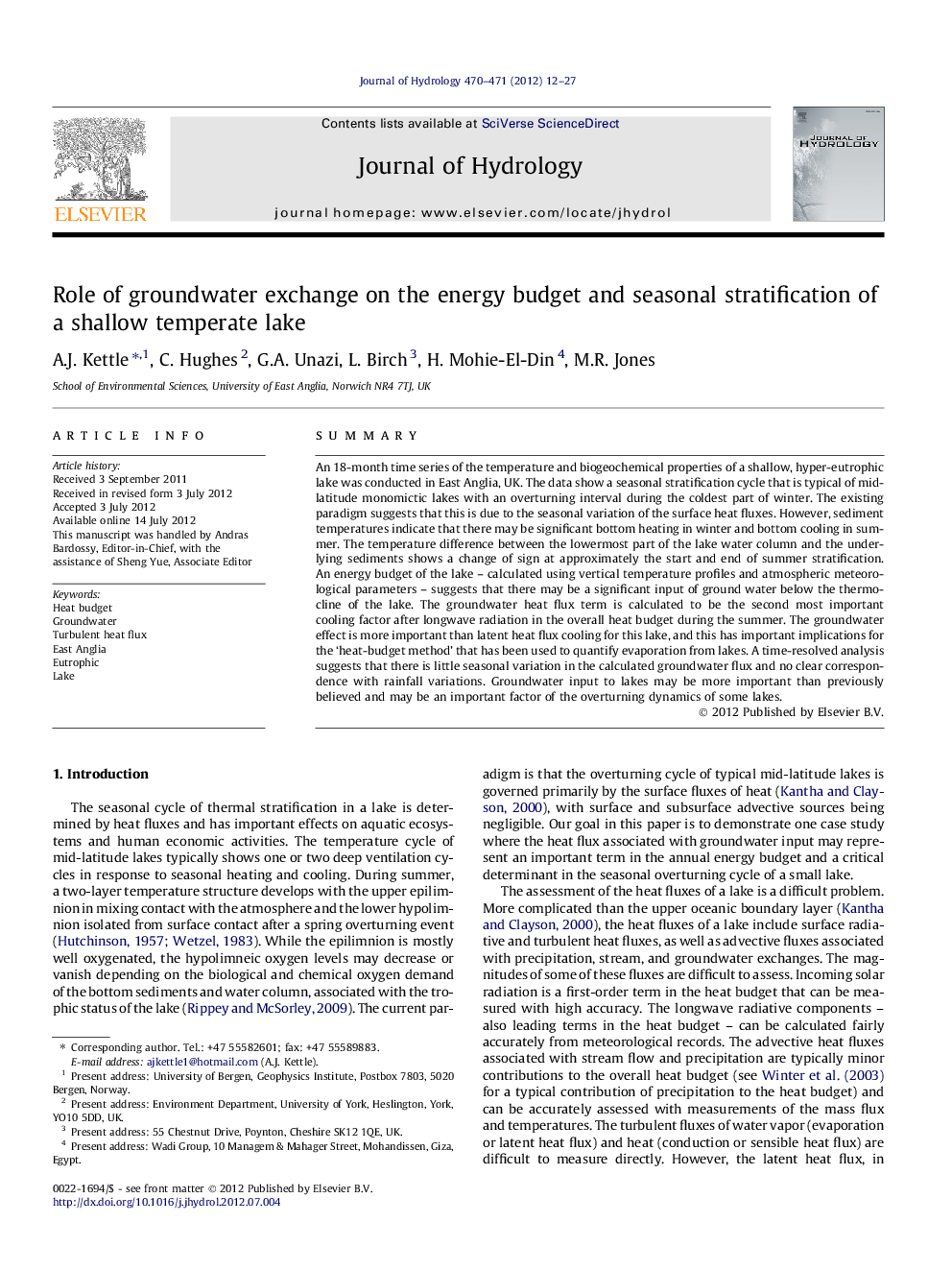 Role of groundwater exchange on the energy budget and seasonal stratification of a shallow temperate lake