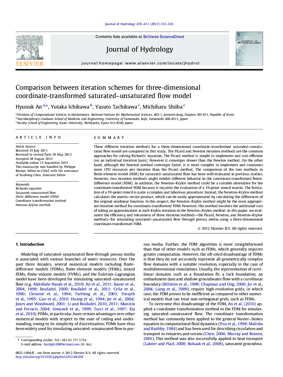 Comparison between iteration schemes for three-dimensional coordinate-transformed saturated–unsaturated flow model