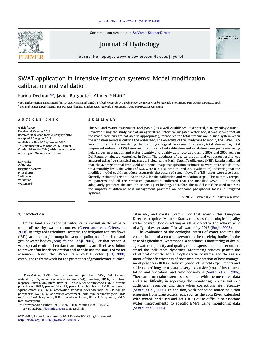 SWAT application in intensive irrigation systems: Model modification, calibration and validation