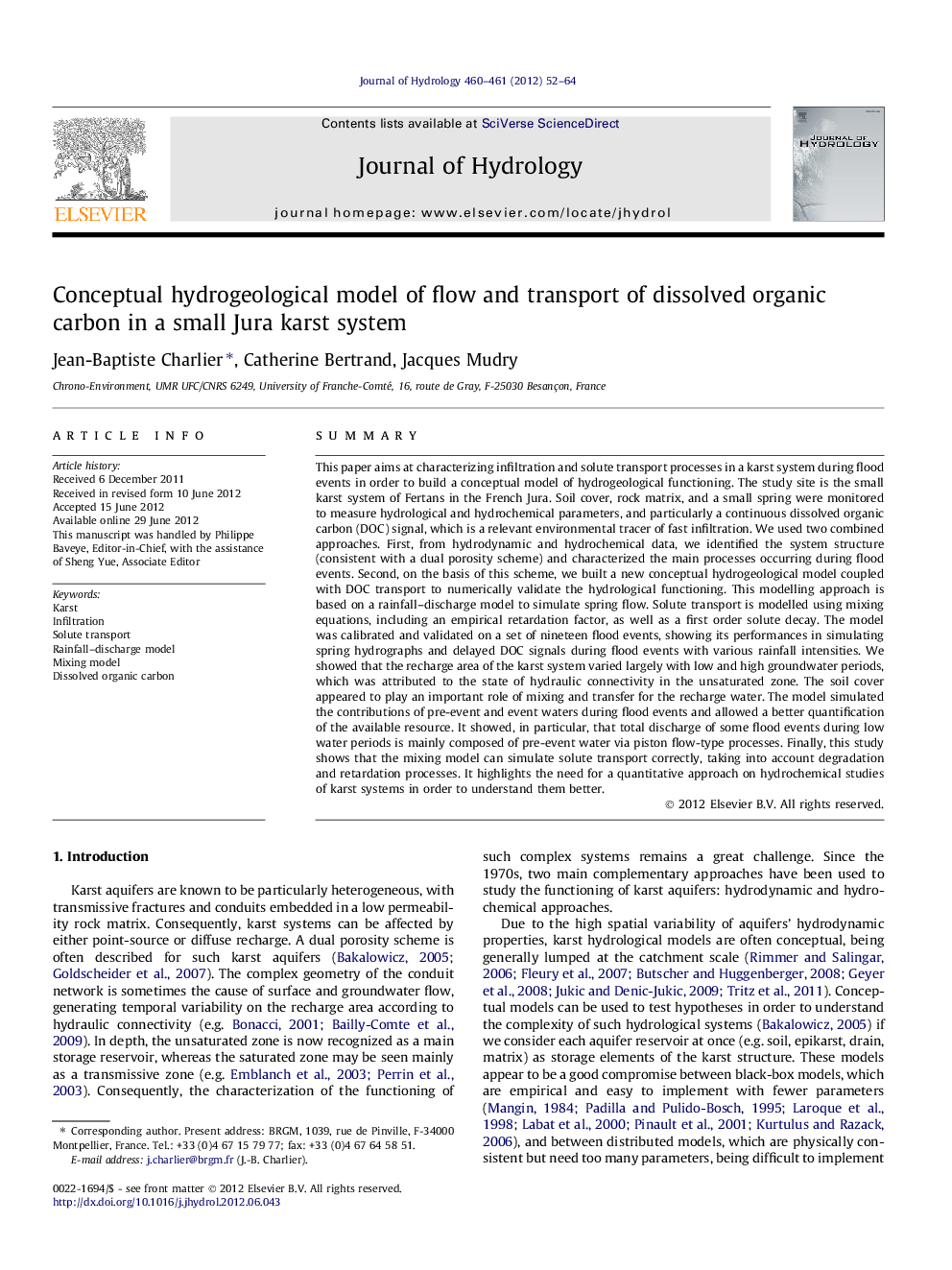 Conceptual hydrogeological model of flow and transport of dissolved organic carbon in a small Jura karst system