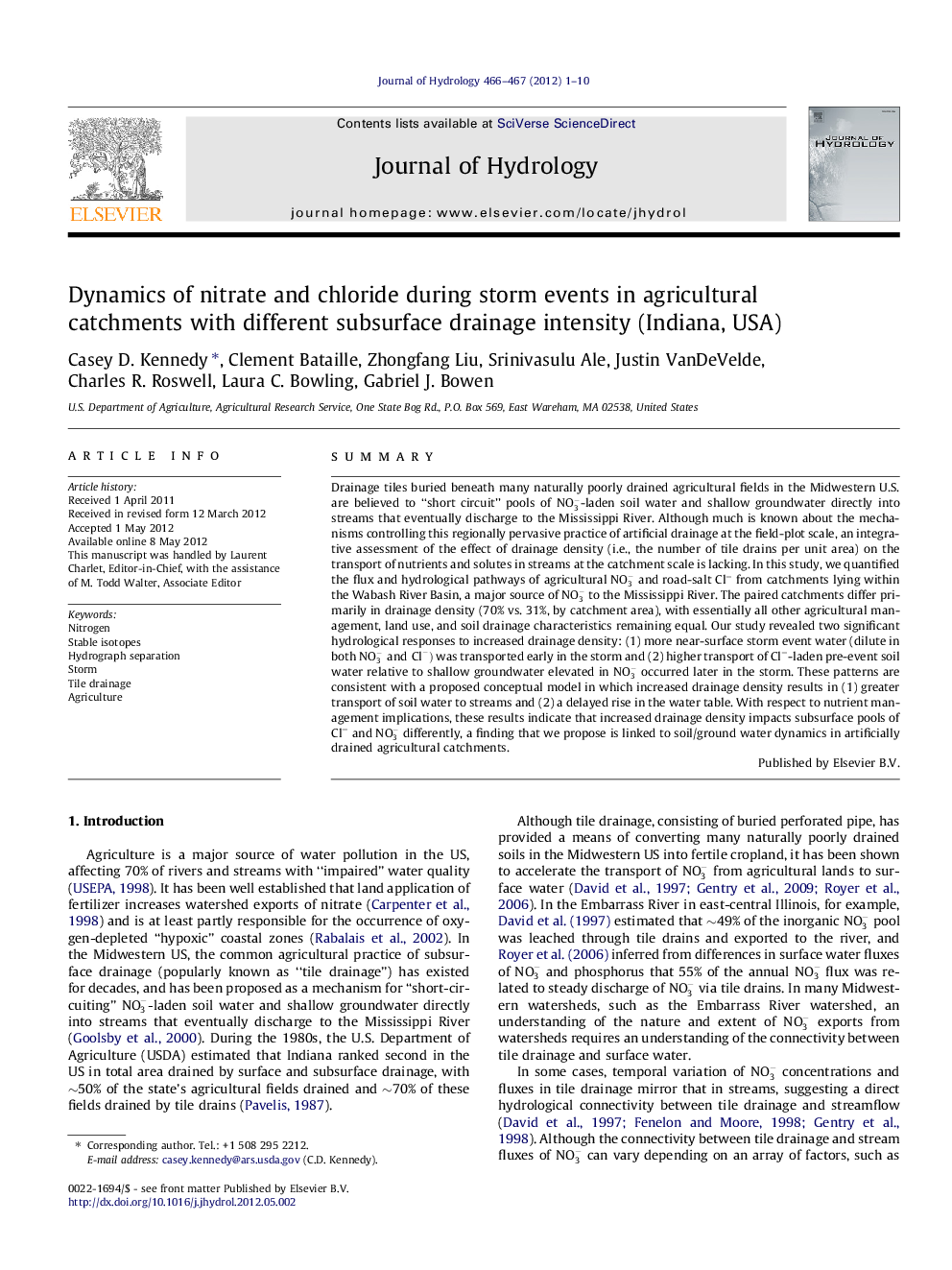 عکس صفحه اول مقاله: Dynamics of nitrate and chloride during storm events in agricultural catchments with different subsurface drainage intensity (Indiana, USA) Dynamics of nitrate and chloride during storm events in agricultural catchments with different subsurface drainage intensity (Indiana, USA)