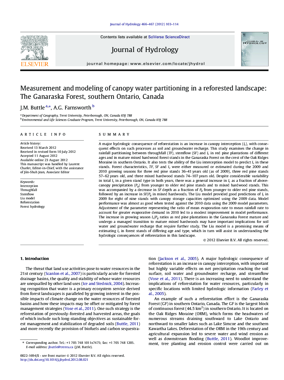 Measurement and modeling of canopy water partitioning in a reforested landscape: The Ganaraska Forest, southern Ontario, Canada