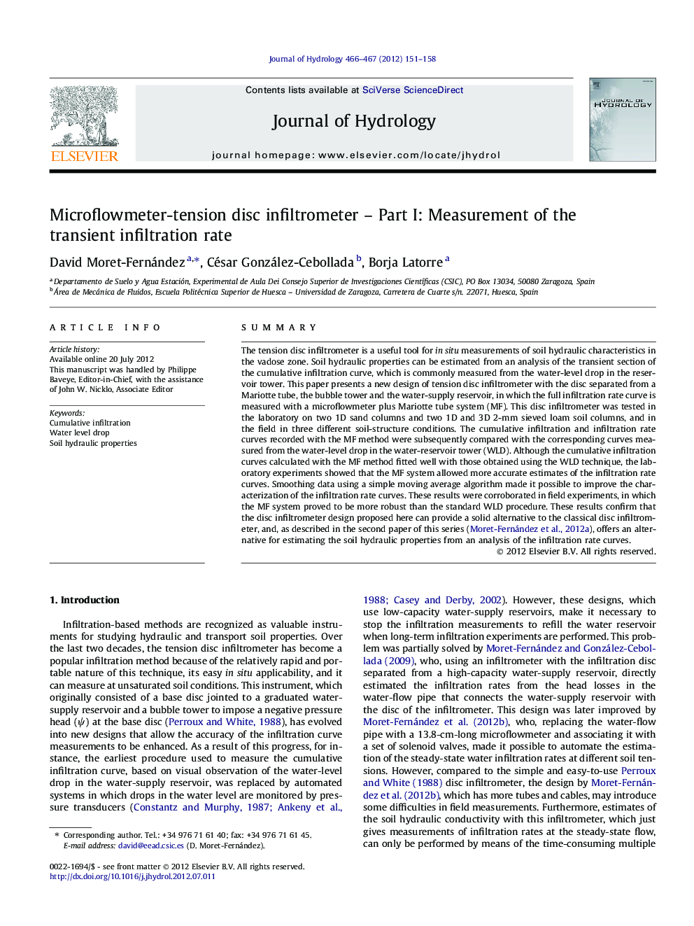 Microflowmeter-tension disc infiltrometer – Part I: Measurement of the transient infiltration rate