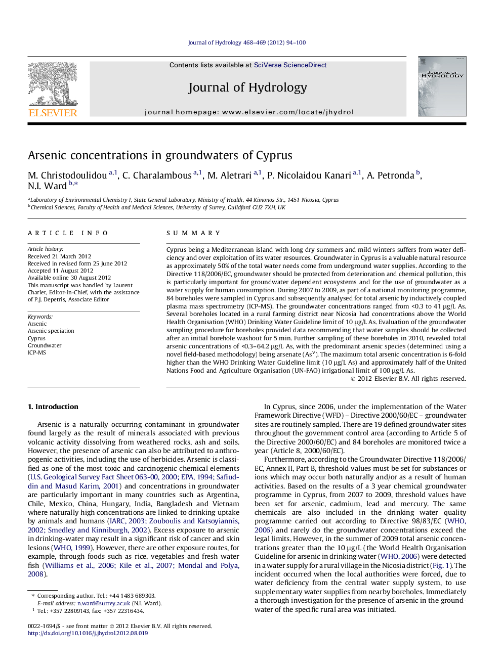 Arsenic concentrations in groundwaters of Cyprus